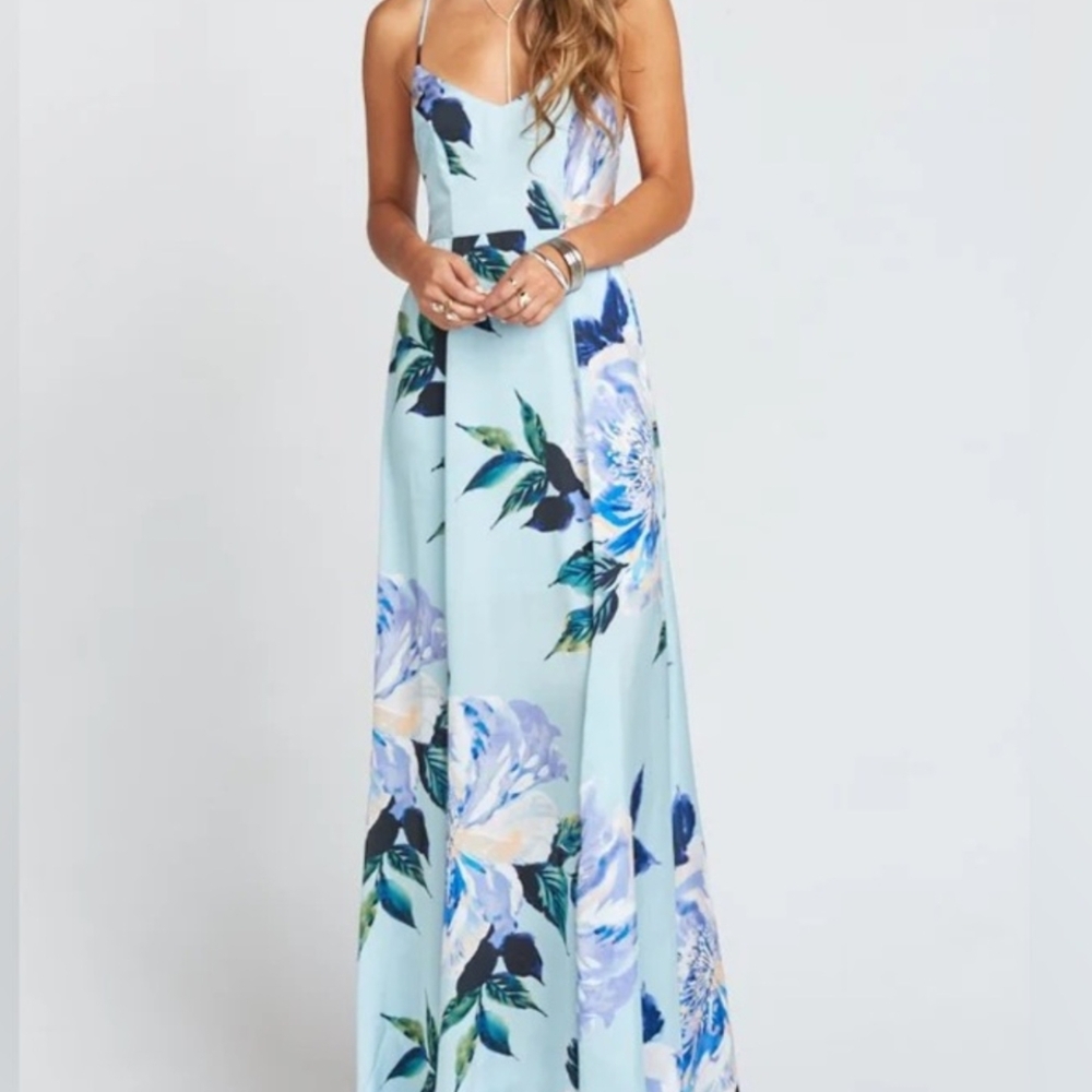 NWT Show Me Your MuMu Godshaw Goddess Floral Lace Up Blue Formal Dress